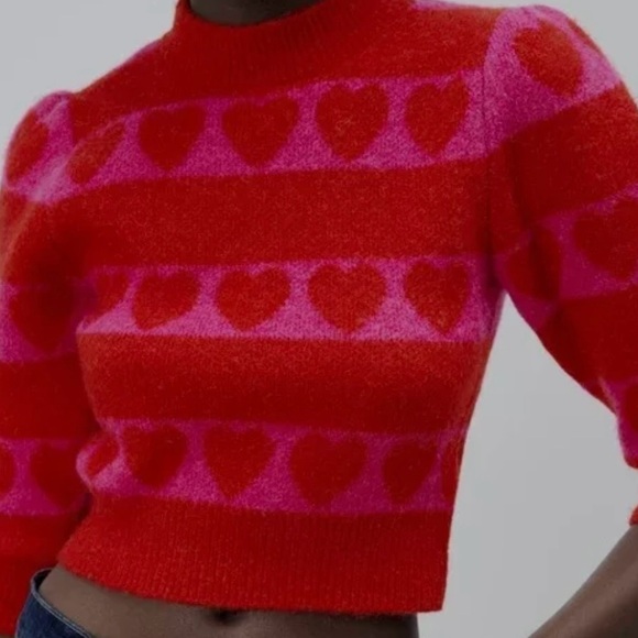 Zara pink hearts cropped sweater S - Picture 2 of 4